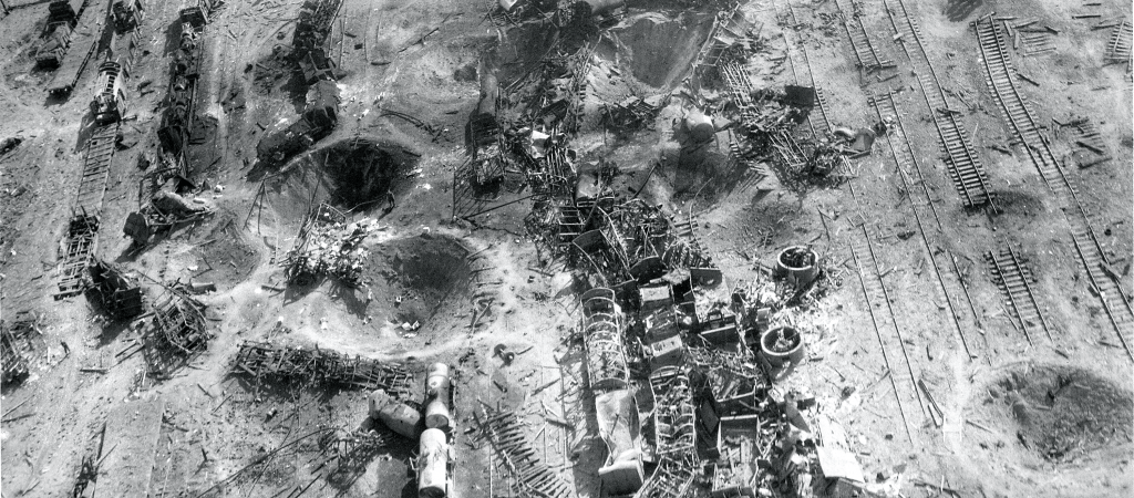 Aerial image of a bombed rail road